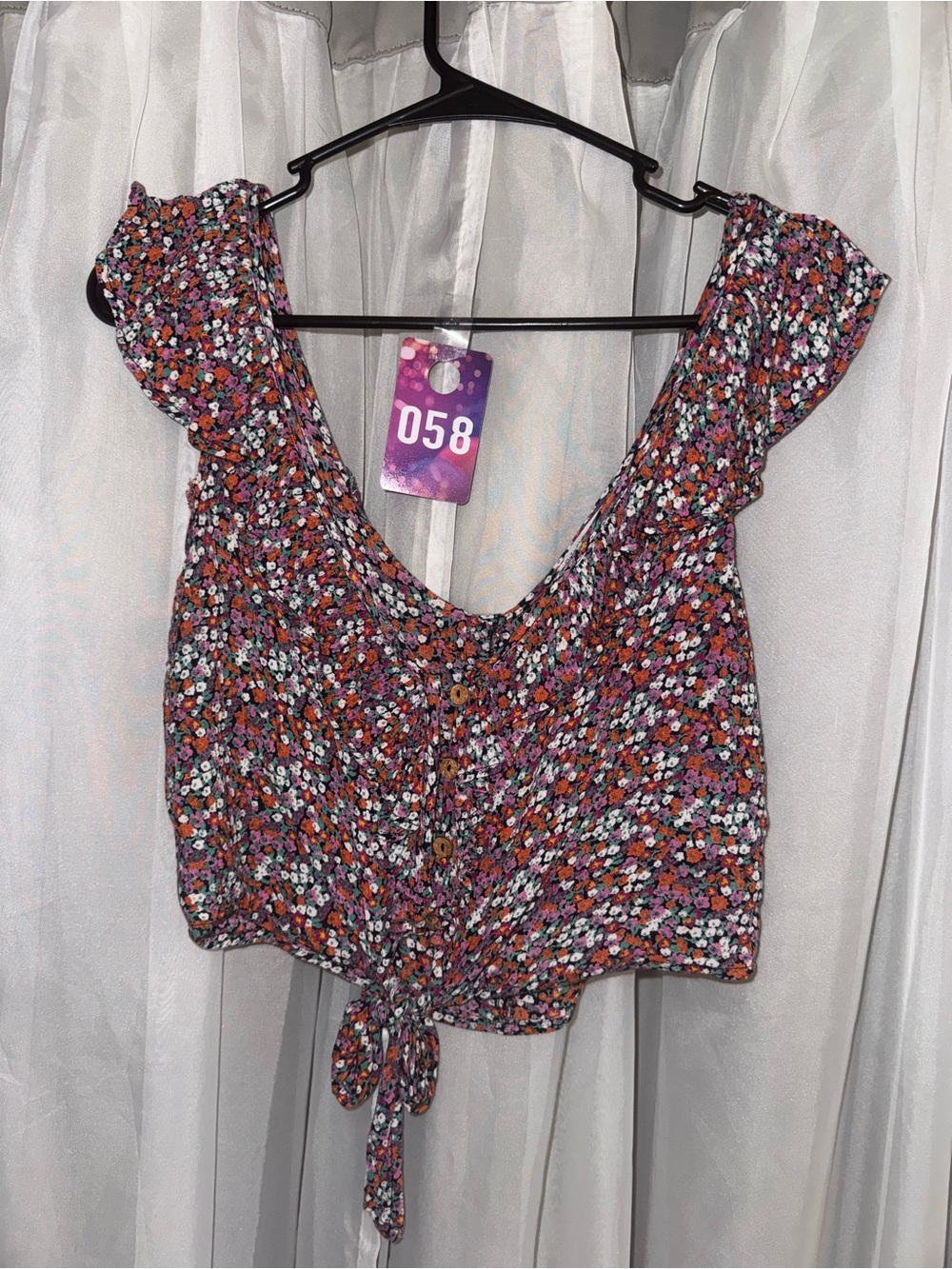 Patrons of Peace Purple Multi Floral Tie-Front Crop Top